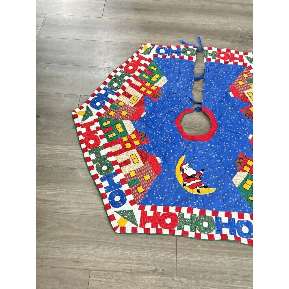 Vintage Patchwork HO HO HO Multicolor Christmas Tree Skirt Santa Holiday 40